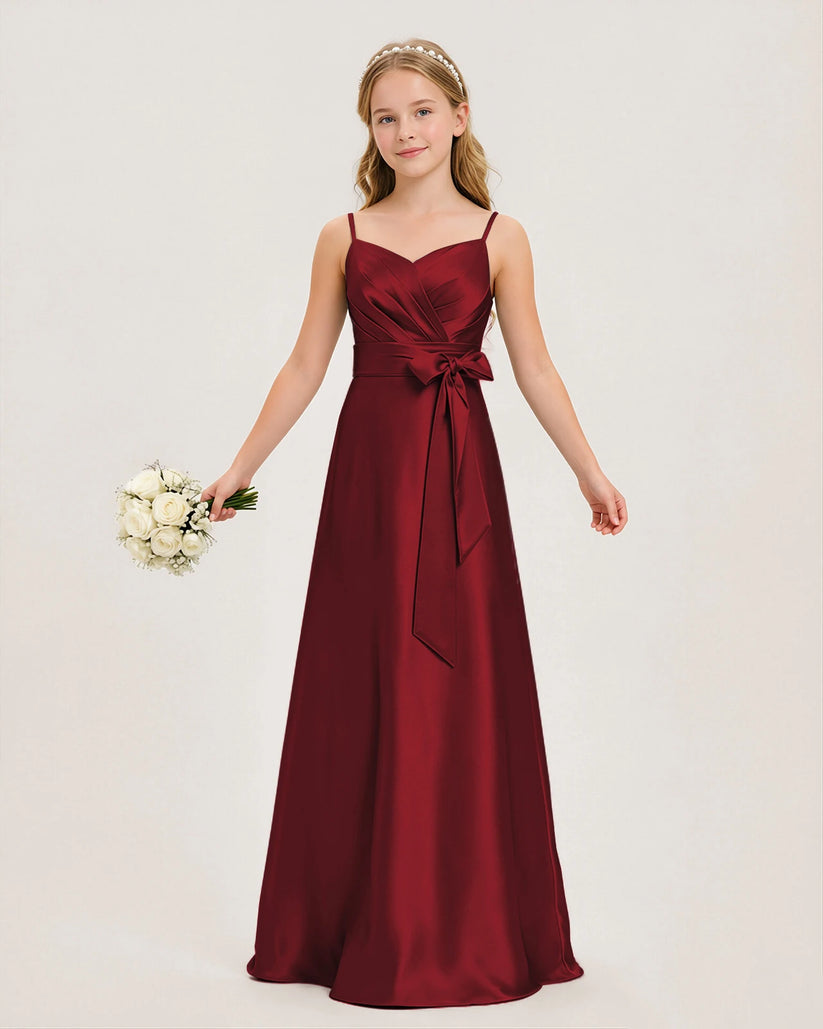 Burgundy Satin A-line Junior Bridesmaid Dress Front View