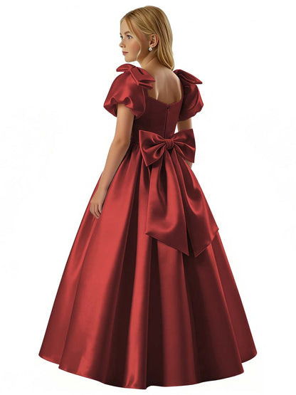 dideyttawl 2026 Satin Flower Girl Dress A Line Big Bow Long Prom Princess Ball Gown Puff Sleeves Junior Bridesmaid Dress 2773