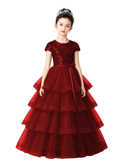 Dideyttawl Puffy Flower Girls Dress Sequins Flower Girl Dresses Sparkly Cap Sleeves Junior Bridesmaid Dress 648