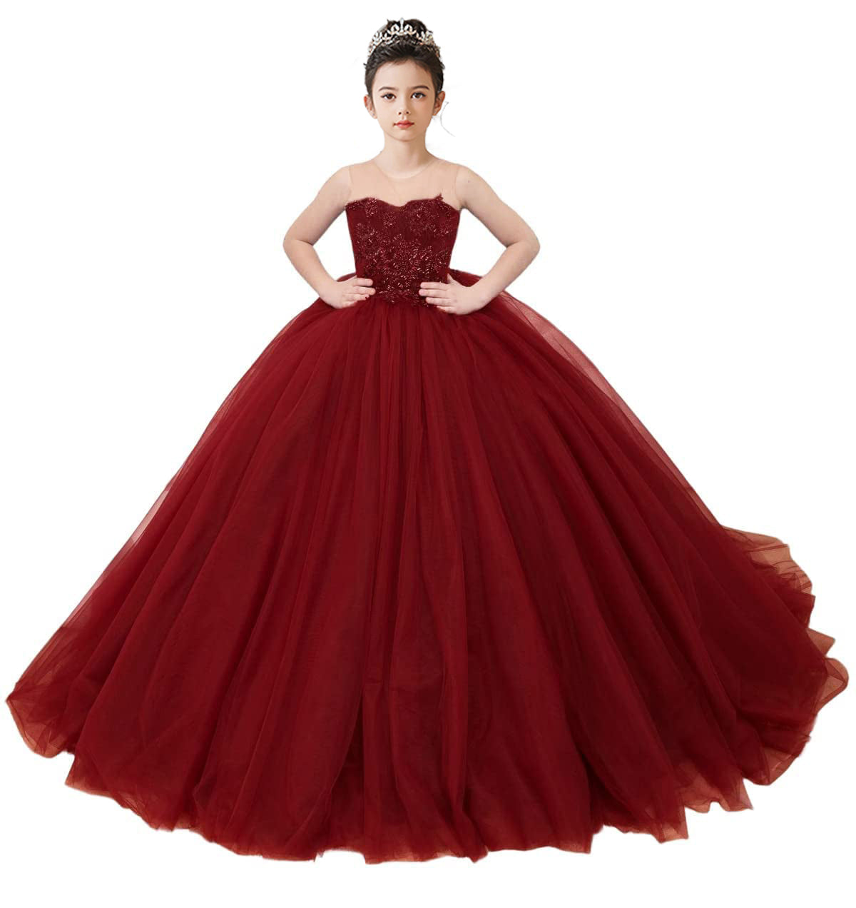 2025 Spring Embroidery Lace Appliqued Tulle Flower Girls Dress Wedding Guest Dress Puffy Princess Dress Strapless Full Length Pageant Dress