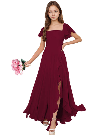 dideyttawl Junior Bridesmaid Dresses Ruffle Sleeve Square Neck Chiffon A-Line Flower Girl Dress with Slit 2508
