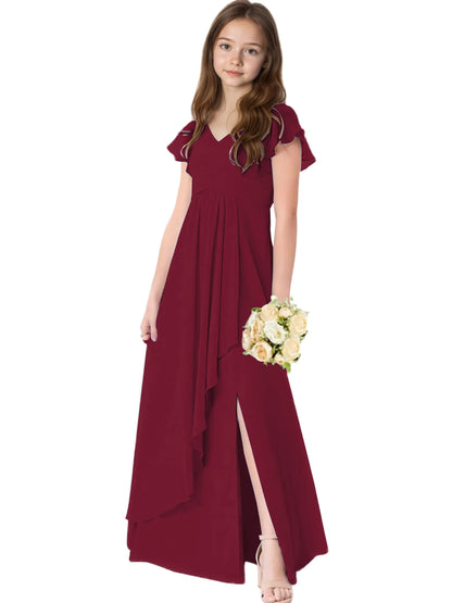 Dideyttawl Chiffon Junior Bridesmaid Dresses Ruffle Sleeves Party Gown 2506