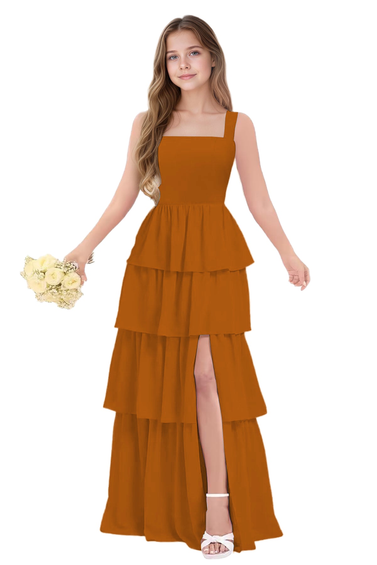 dideyttawl Junior Bridesmaid Dress Spaghetti Strap Square Neck Layered Chiffon A-Line Flower Girl Dress with Slit 2509