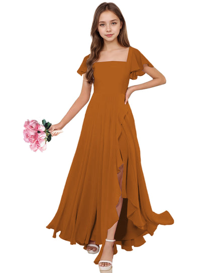 dideyttawl Junior Bridesmaid Dresses Ruffle Sleeve Square Neck Chiffon A-Line Flower Girl Dress with Slit 2508
