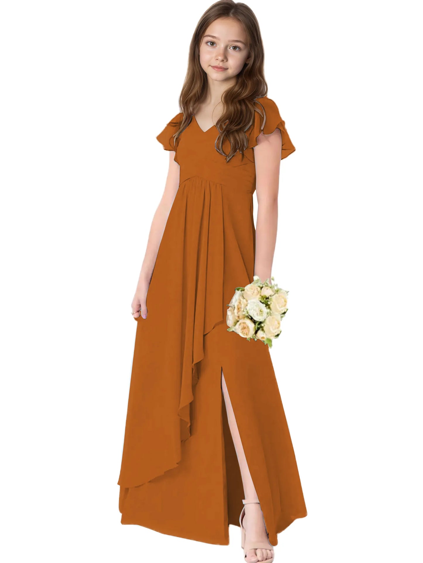 Dideyttawl Chiffon Junior Bridesmaid Dresses Ruffle Sleeves Party Gown 2506