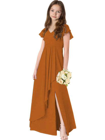 Dideyttawl Chiffon Junior Bridesmaid Dresses Ruffle Sleeves Party Gown 2506