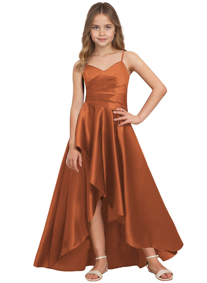 dideyttawl High Low Junior Bridesmaid Dress V-Neck Silk Satin Flower Girl Dress Sleeveless Formal Special Occasion Dress for Wedding 2523