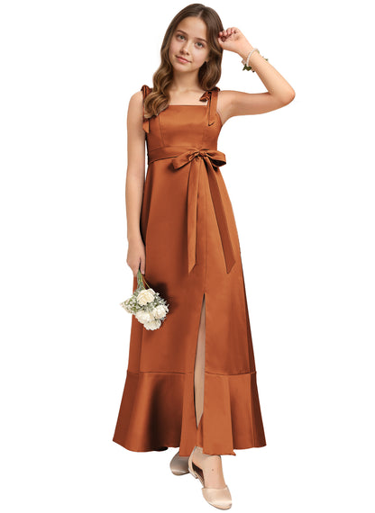 dideyttawl Junior Bridesmaid Dresses for Teens Silk Satin Adjustable Straps Flower Girl Dress with Slit 2529