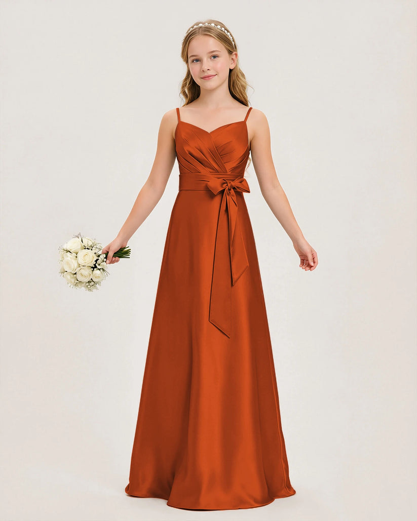 Burnt Orange Satin A-line Junior Bridesmaid Dress Front View