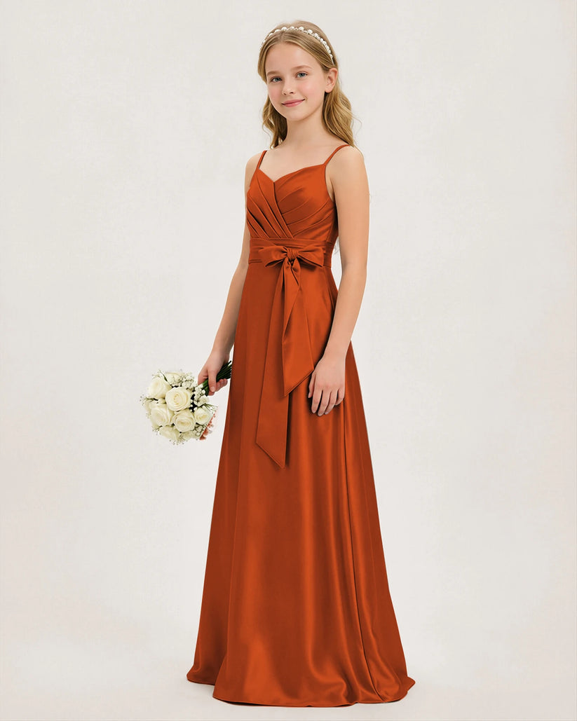 Burnt Orange Satin A-line Junior Bridesmaid Dress Front View