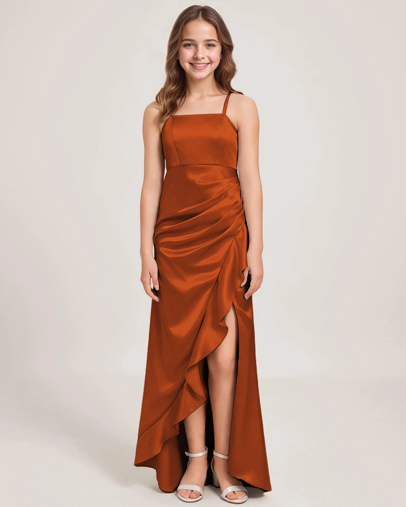 Burnt Orange Satin A-line Girls Formal Dress Front View