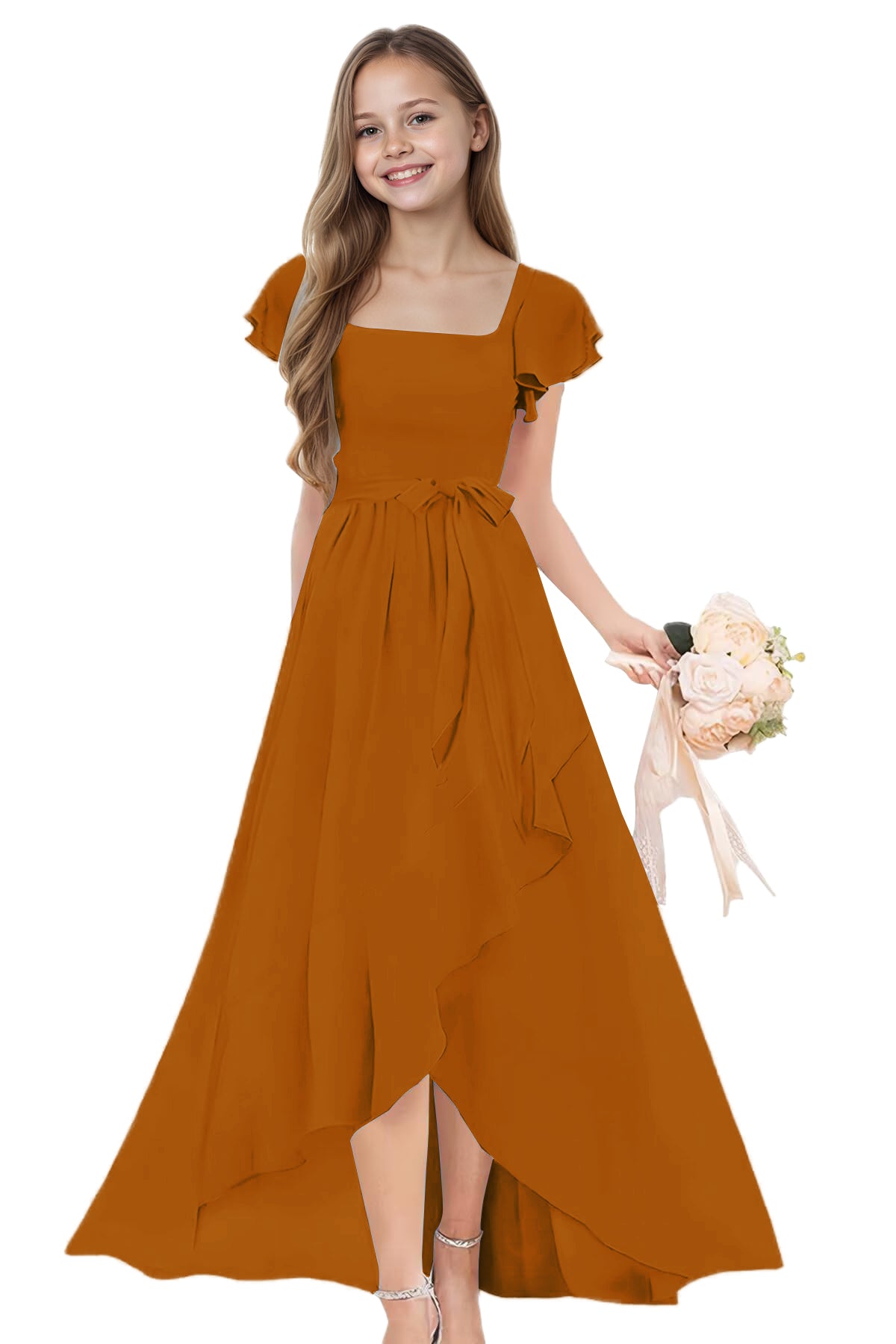 dideyttawl Long Junior Bridesmaid Dresses Ruffle Sleeve Square Neck Chiffon Flower Girl Dress for Wedding 2507