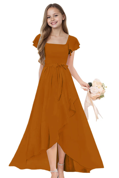 dideyttawl Long Junior Bridesmaid Dresses Ruffle Sleeve Square Neck Chiffon Flower Girl Dress for Wedding 2507