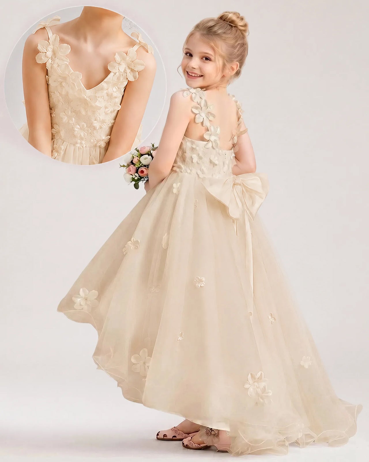 Champagne Tulle A-line Flower Girl Dress Back View