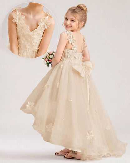 Champagne Tulle A-line Flower Girl Dress Back View