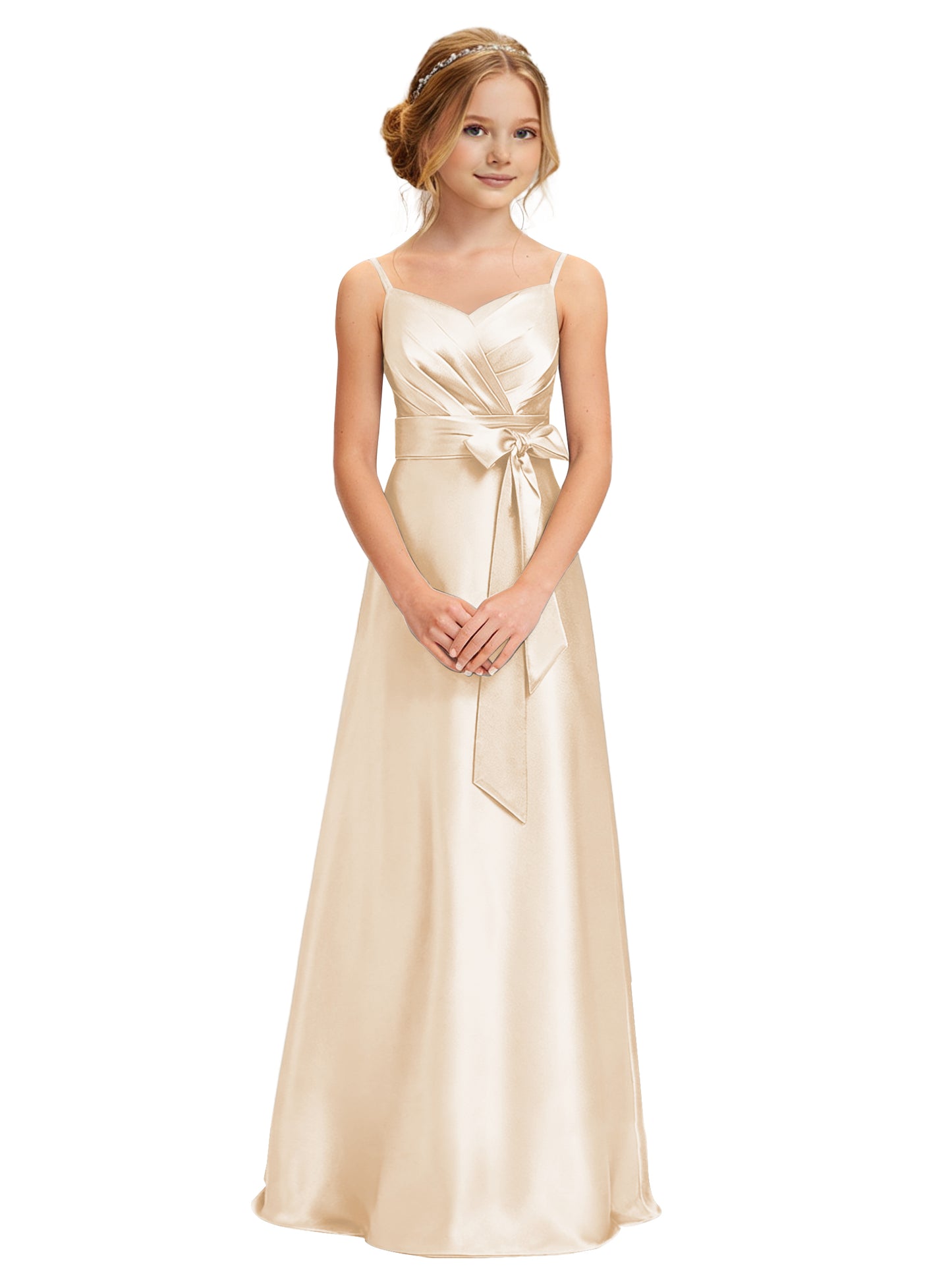 dideyttawl 2026 Girls Pleated Satin Prom Dress Bow Belt Ball Gown Maxi Spaghetti Straps Junior Bridesmaid Dress 2547