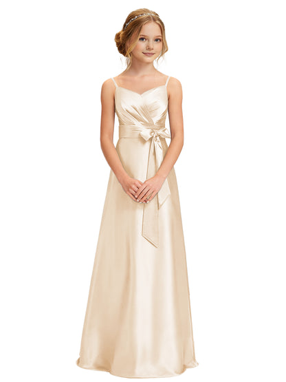 dideyttawl 2026 Girls Pleated Satin Prom Dress Bow Belt Ball Gown Maxi Spaghetti Straps Junior Bridesmaid Dress 2547