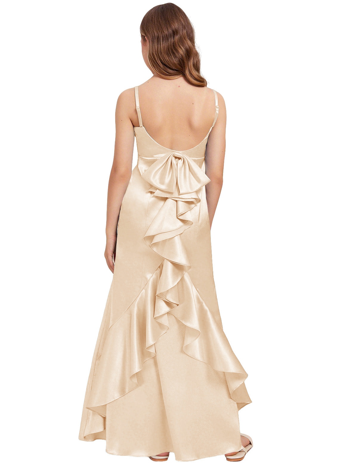 dideyttawl Mermaid Junior Bridesmaid Dress with Slit V-Neck Ruffles Bow Stretch Satin Flower Girl Dress Sleeveless Formal Special Occasion Dress for Wedding 2522