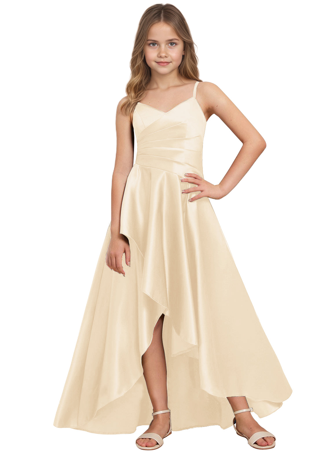 dideyttawl High Low Junior Bridesmaid Dress V-Neck Silk Satin Flower Girl Dress Sleeveless Formal Special Occasion Dress for Wedding 2523