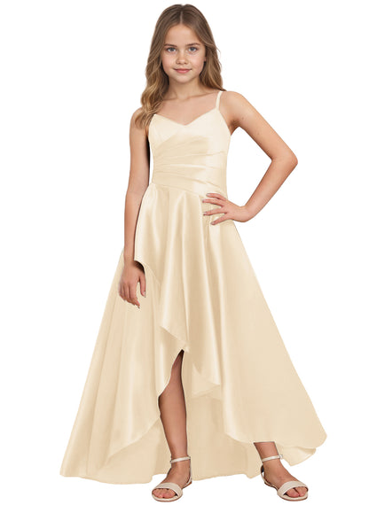 dideyttawl High Low Junior Bridesmaid Dress V-Neck Silk Satin Flower Girl Dress Sleeveless Formal Special Occasion Dress for Wedding 2523
