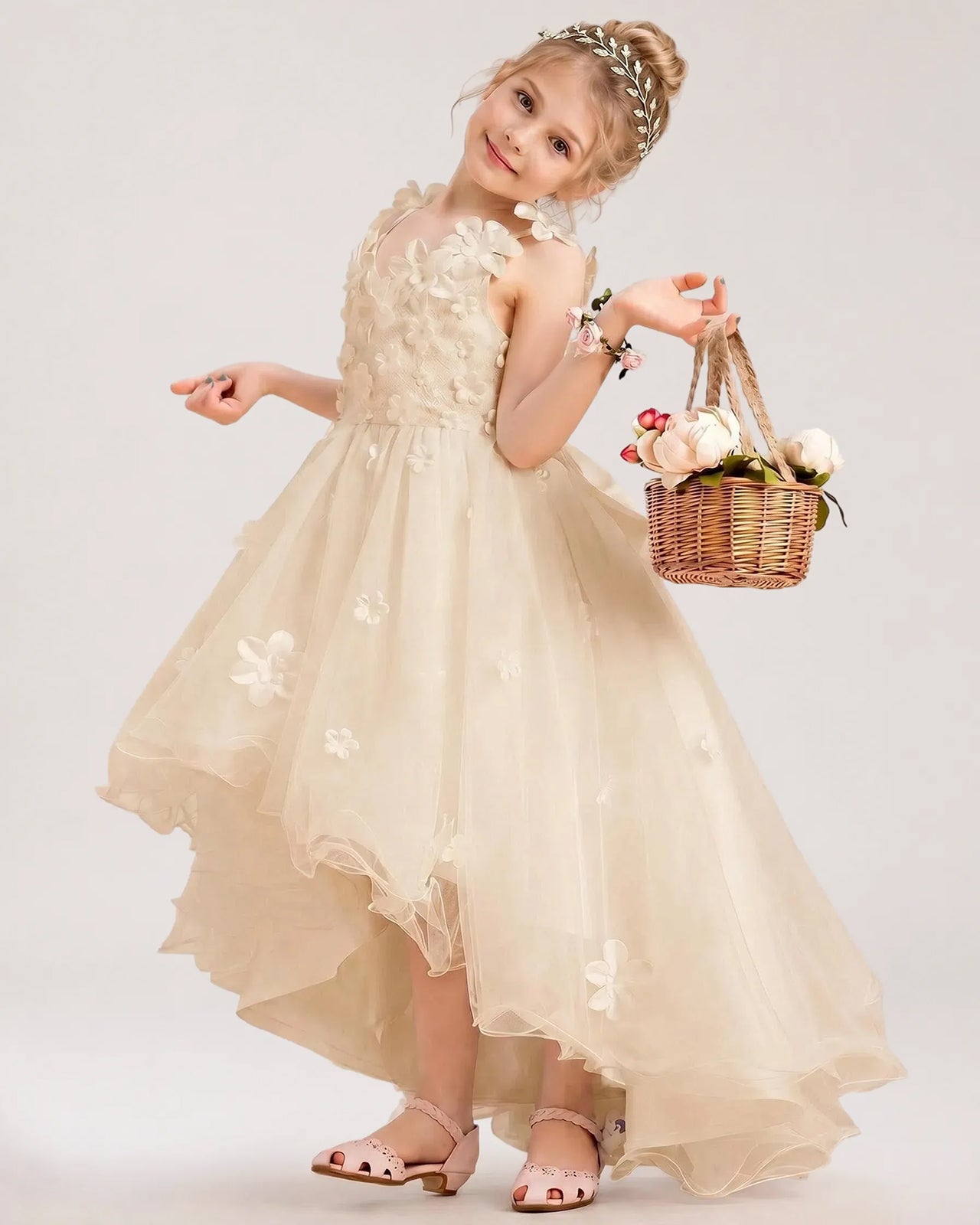 Champagne Tulle A-line Flower Girl Dress Front View