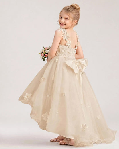 Champagne Tulle A-line Flower Girl Dress Back View
