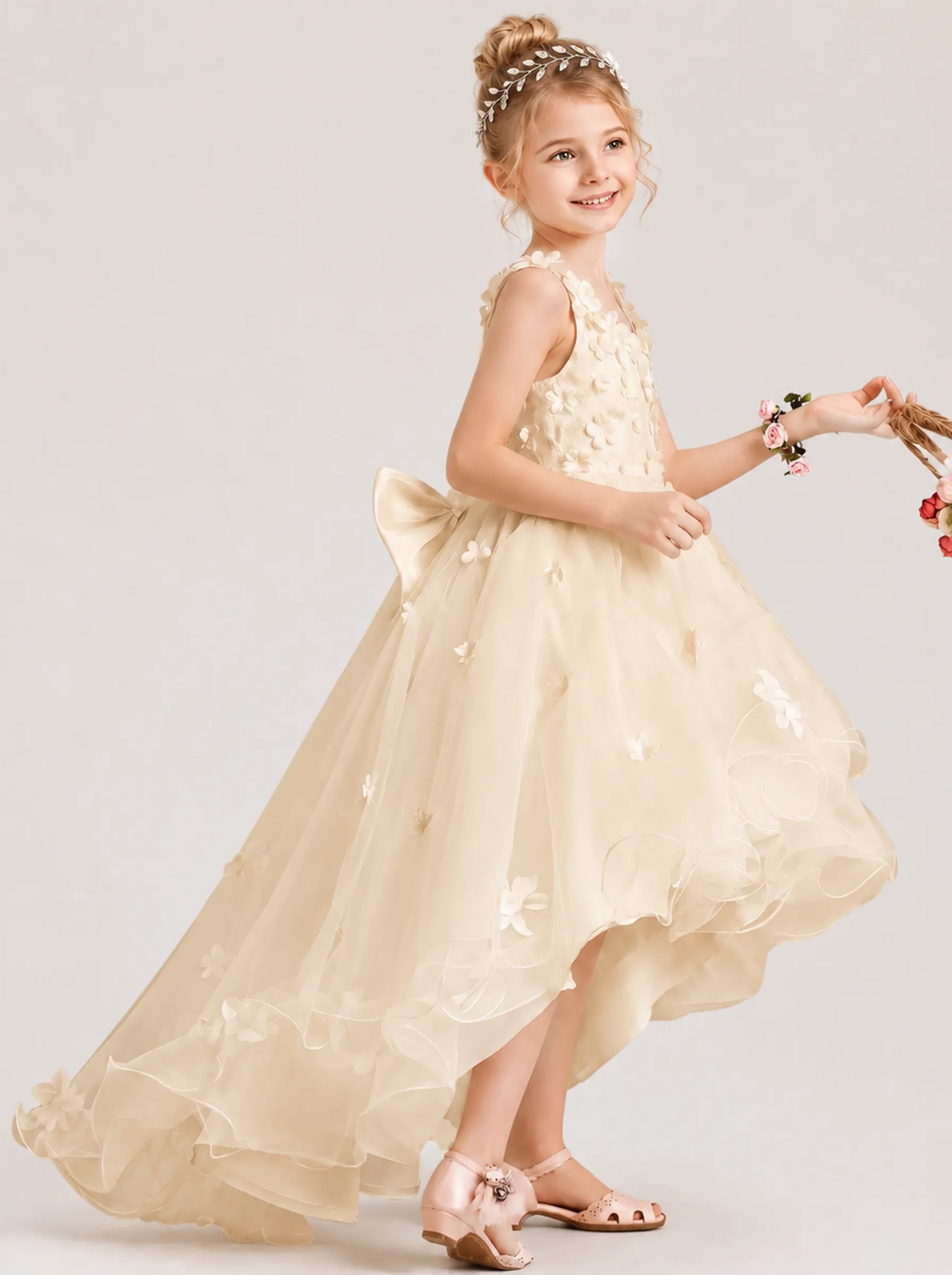 Champagne 3D Floral Flower Girl Dress
