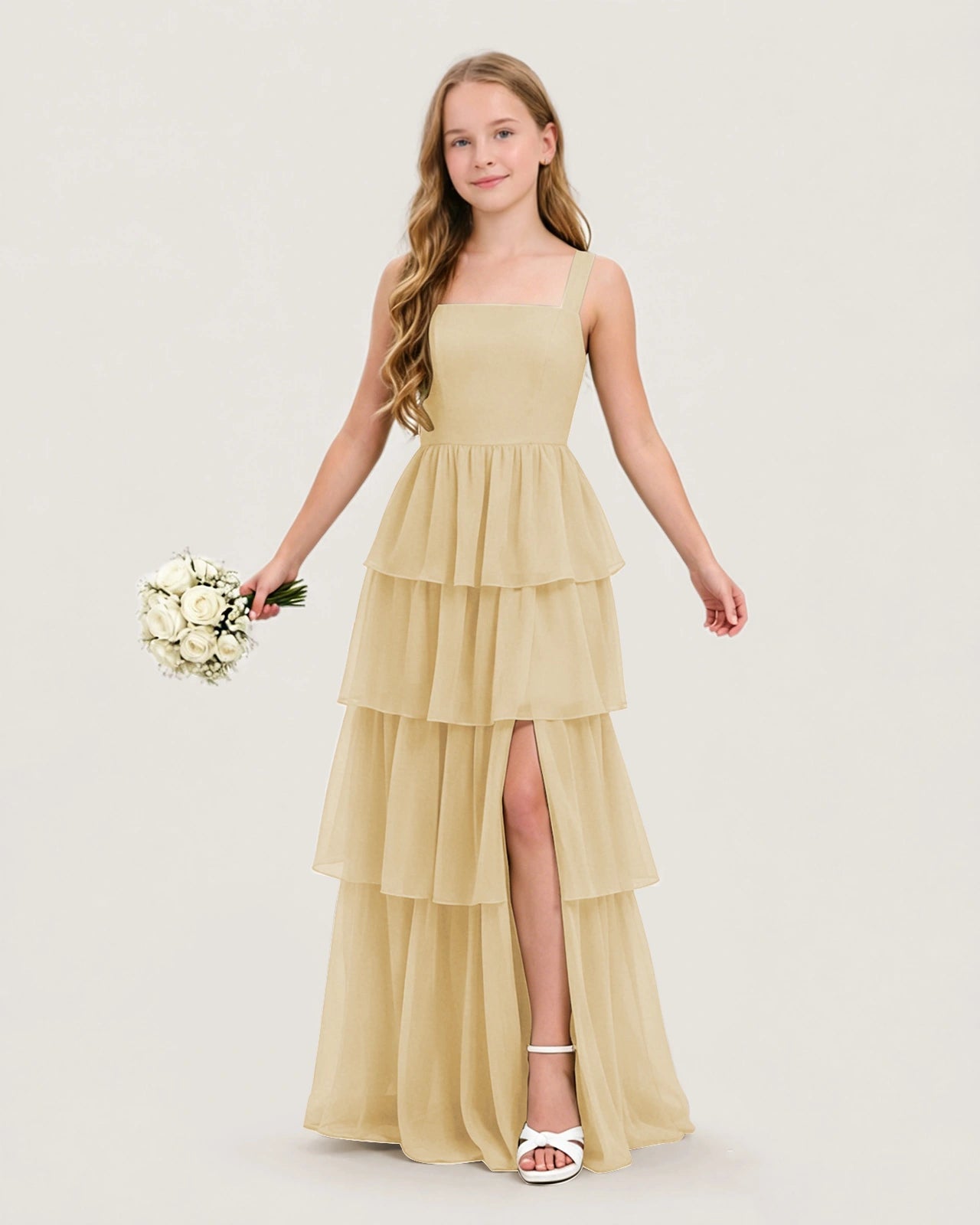 Champagne Junior Bridesmaid Dress | Tiered Chiffon Gown