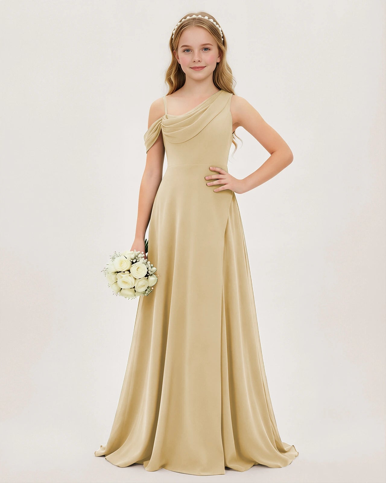 Champagne Chiffon A-line Junior Bridesmaid Dress Front View