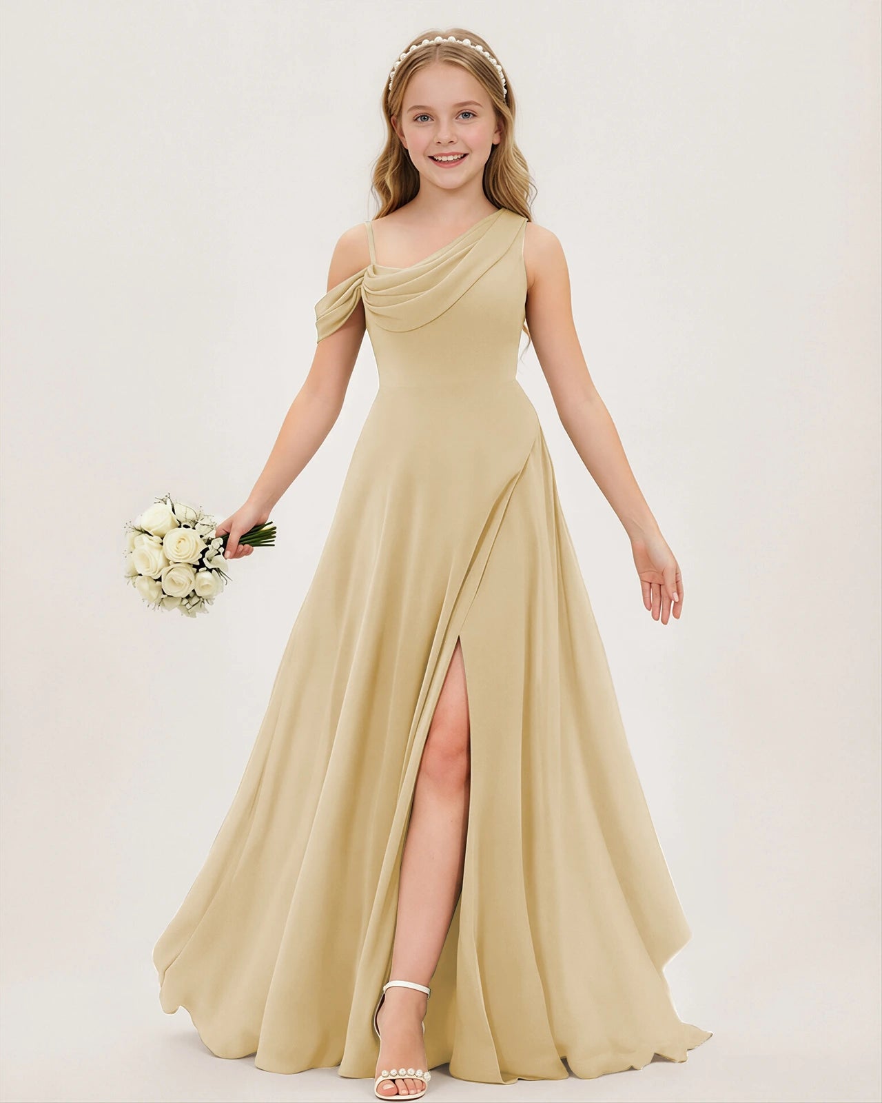 Champagne Chiffon A-line Junior Bridesmaid Dress Front View
