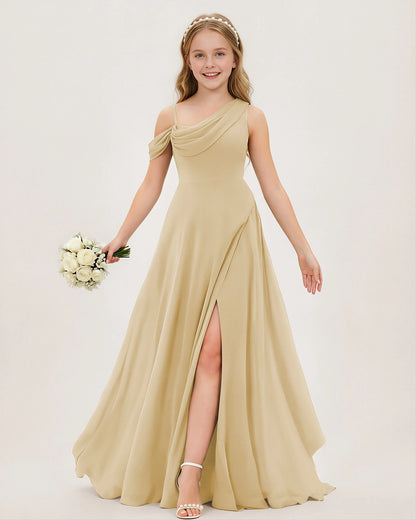 Champagne Chiffon A-line Junior Bridesmaid Dress Front View