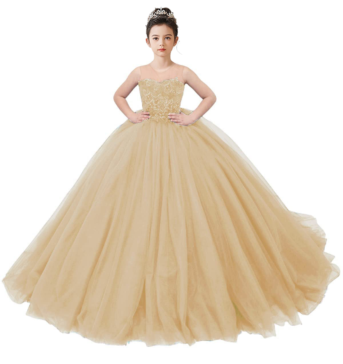 2025 Spring Embroidery Lace Appliqued Tulle Flower Girls Dress Wedding Guest Dress Puffy Princess Dress Strapless Full Length Pageant Dress