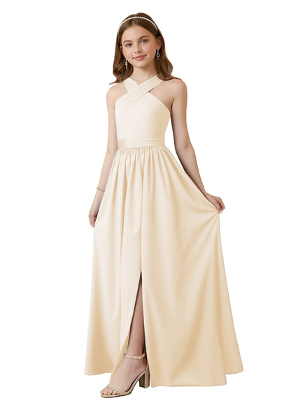 dideyttawl Junior Bridesmaid Dresses for Teen Girls Satin Halter A-Line Flower Girl Dress for Wedding 2531