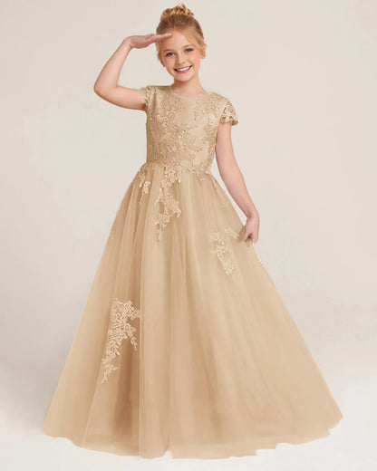 Front Champagne Lace Flower Girls Dress