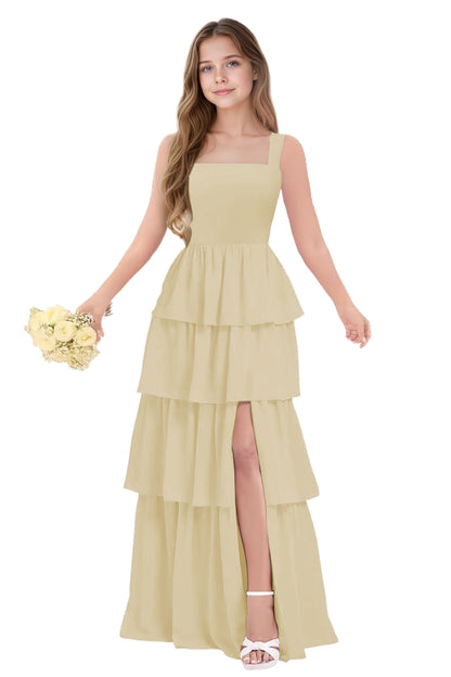dideyttawl Junior Bridesmaid Dress Spaghetti Strap Square Neck Layered Chiffon A-Line Flower Girl Dress with Slit 2509