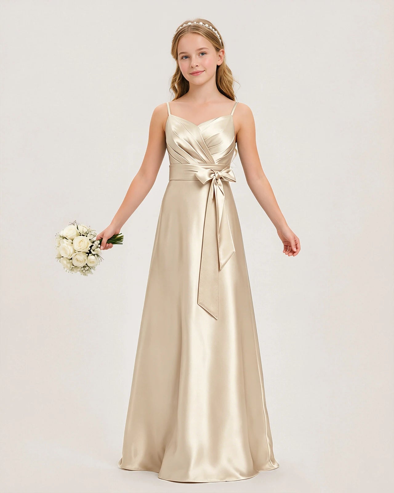 Dideyttawl Junior Bridesmaid Dress with Spaghetti Straps and Ruched Satin Side Bow, Blush Pink / 6