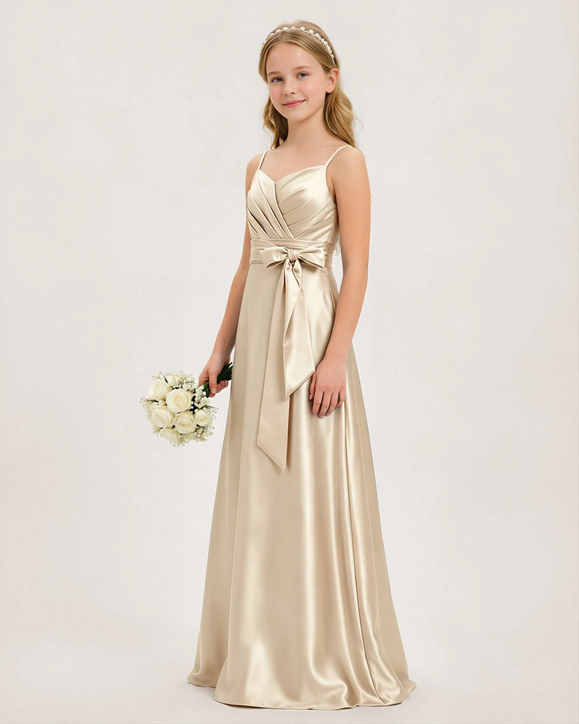 Champagne Satin A-line Junior Bridesmaid Dress Front View