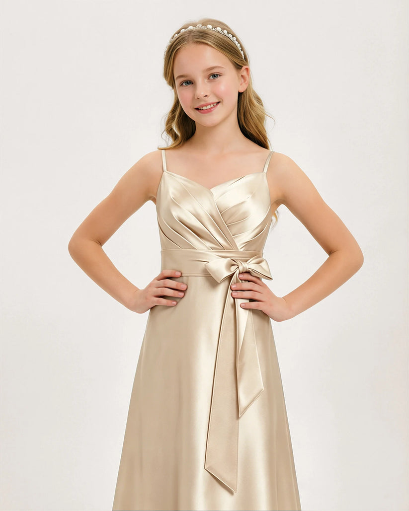 Champagne Satin A-line Junior Bridesmaid Dress Front View