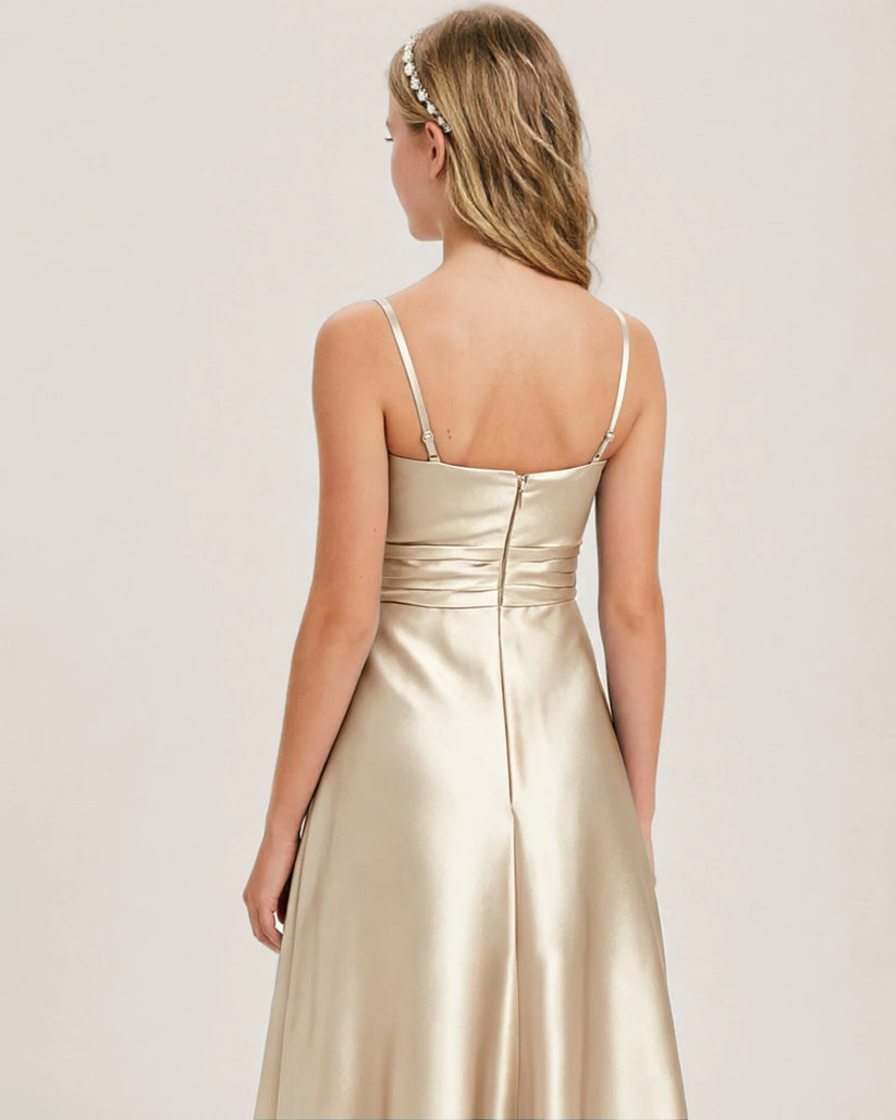 Champagne Satin A-line Junior Bridesmaid Dress Back View