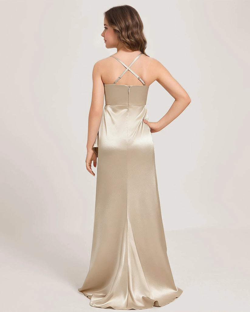 Champagne Satin A-line Girls Formal Dress Back View