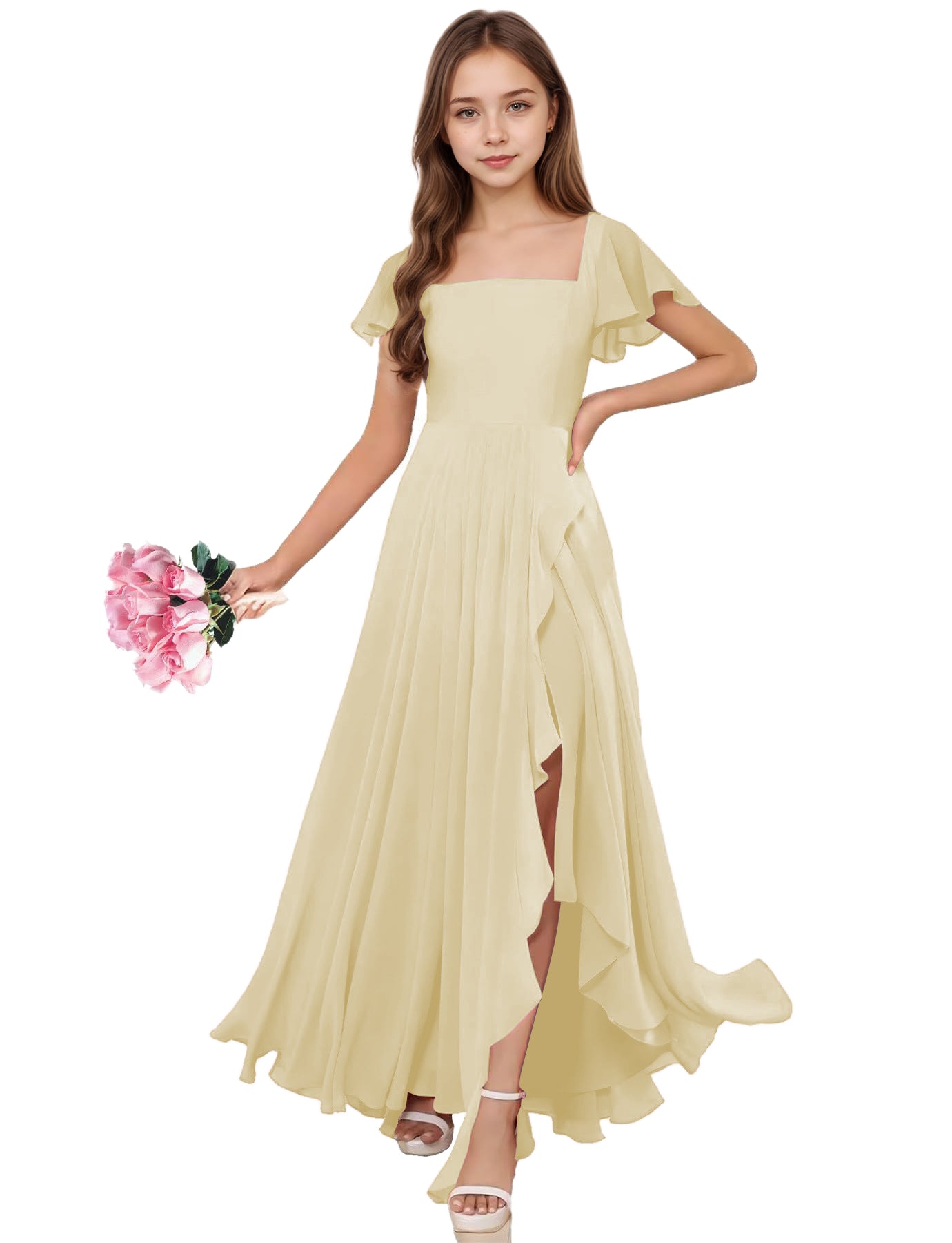 dideyttawl Junior Bridesmaid Dresses Ruffle Sleeve Square Neck Chiffon A-Line Flower Girl Dress with Slit 2508