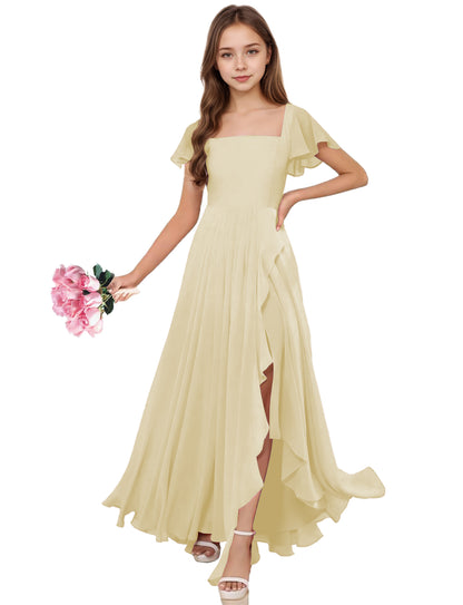 dideyttawl Junior Bridesmaid Dresses Ruffle Sleeve Square Neck Chiffon A-Line Flower Girl Dress with Slit 2508