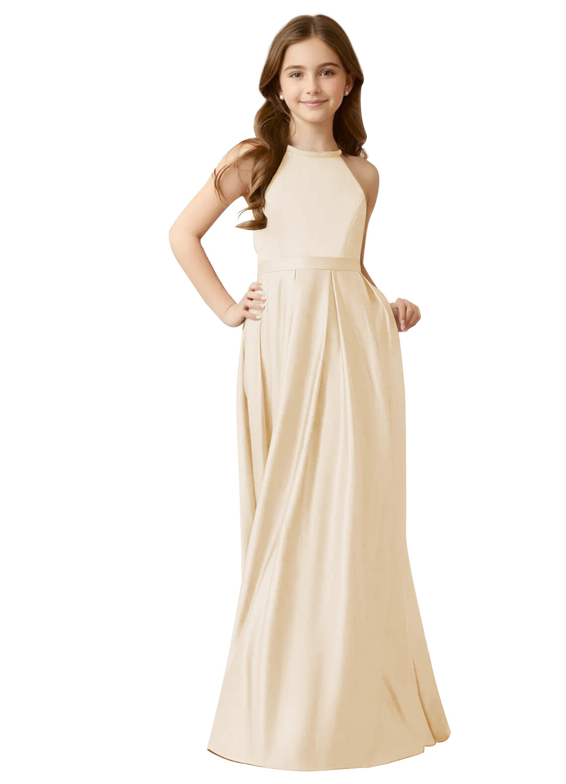 Satin Halter Junior Bridesmaid Dress | Flower Girls Dress | Dideyttawl Champagne / 16 Satin Halter Junior Bridesmaid Dress | Flower Girls Dress | Dideyttawl Champagne / 16
