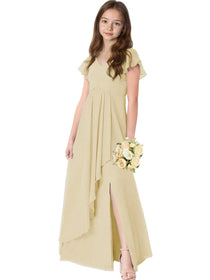 Dideyttawl Chiffon Junior Bridesmaid Dresses Ruffle Sleeves Party Gown 2506