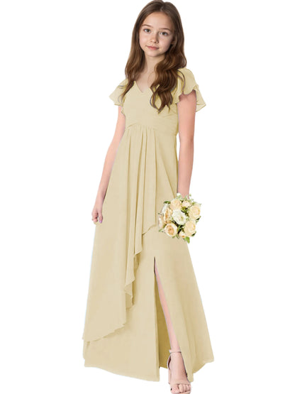 Dideyttawl Chiffon Junior Bridesmaid Dresses Ruffle Sleeves Party Gown 2506
