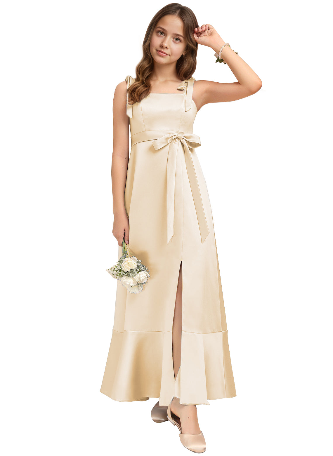 dideyttawl Junior Bridesmaid Dresses for Teens Silk Satin Adjustable Straps Flower Girl Dress with Slit 2529