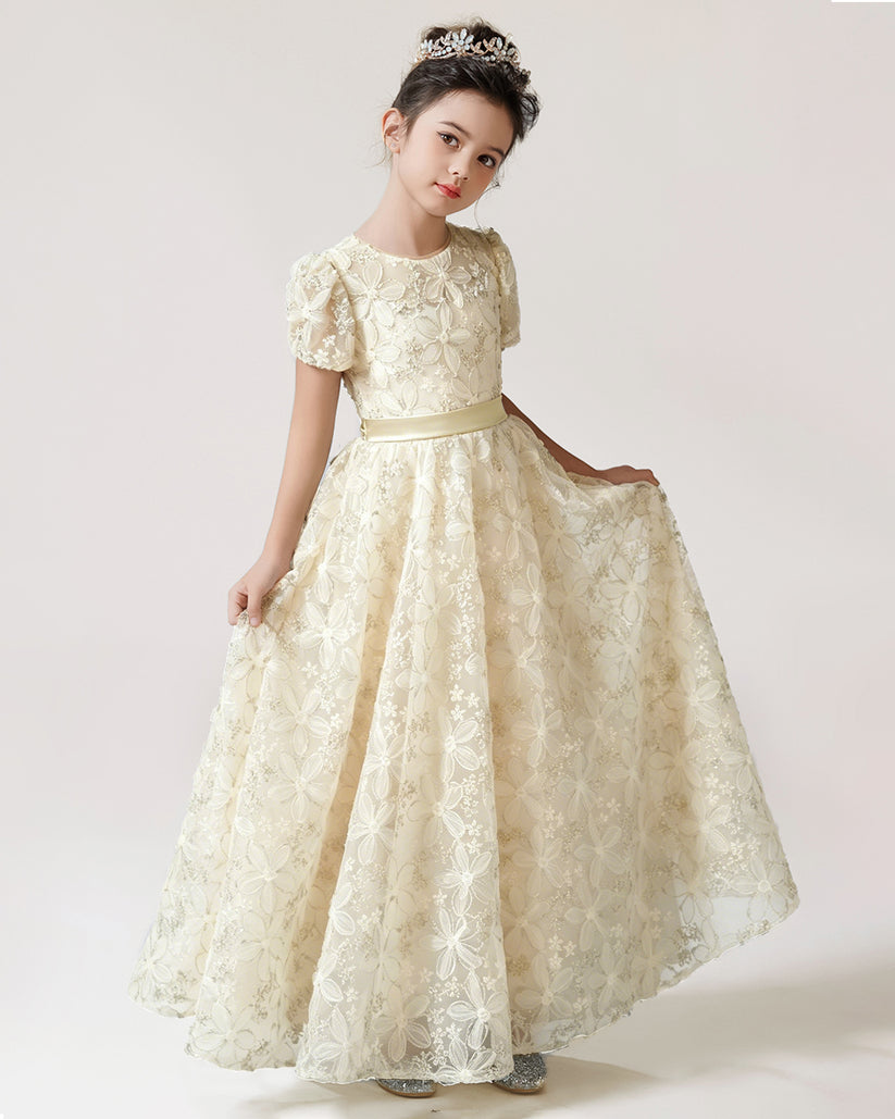 Champagne Lace A-line Girls Formal Dress Front View