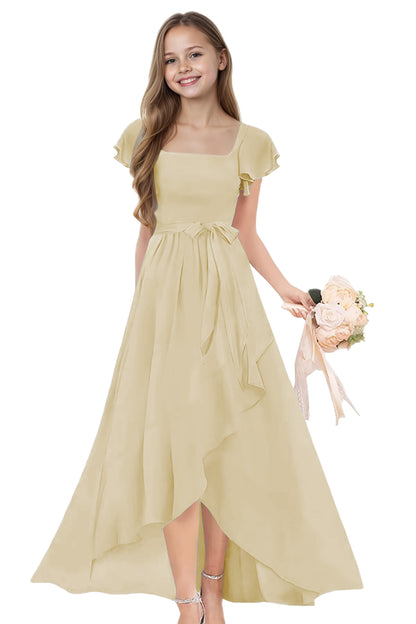 dideyttawl Long Junior Bridesmaid Dresses Ruffle Sleeve Square Neck Chiffon Flower Girl Dress for Wedding 2507