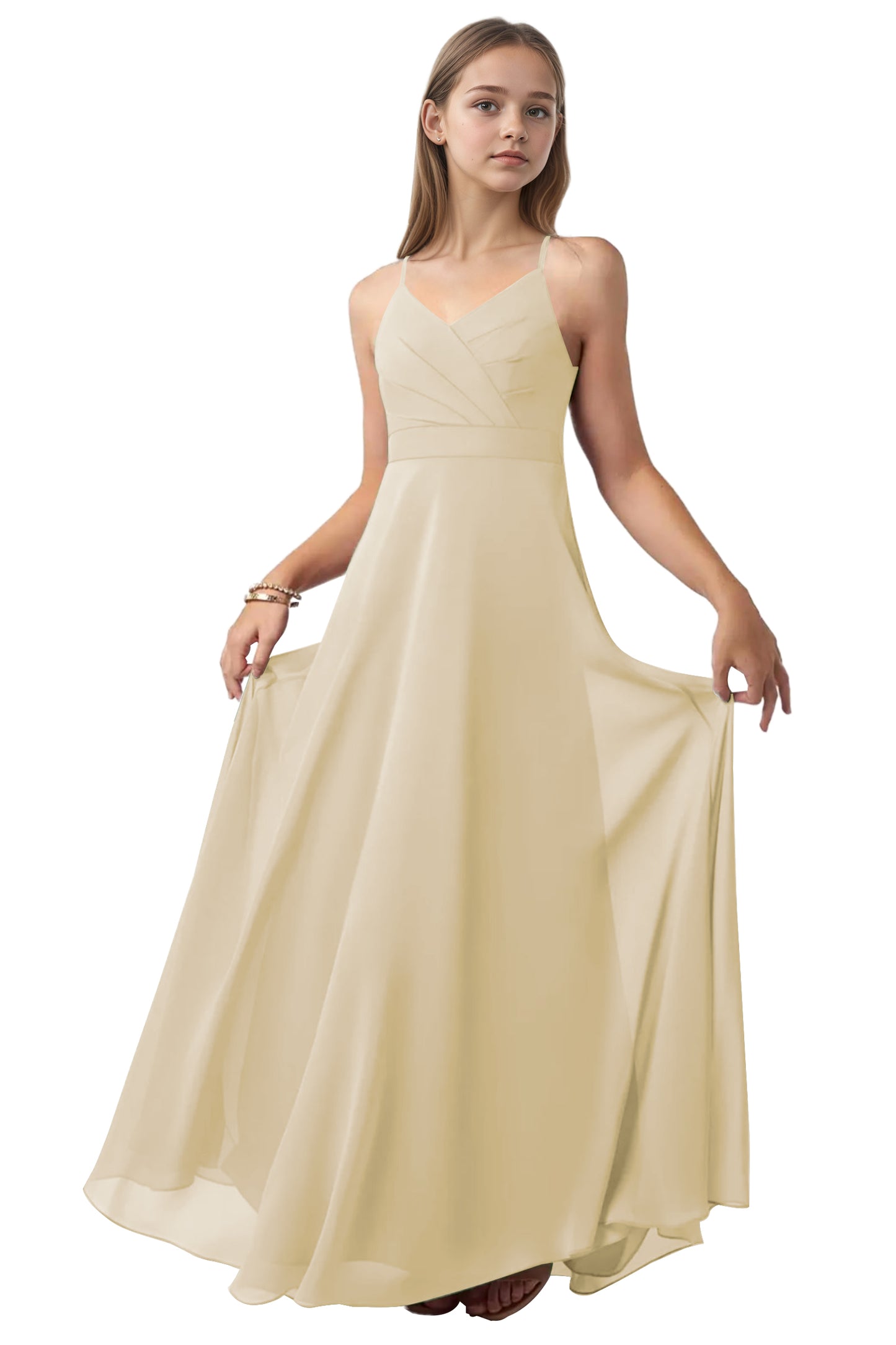 dideyttawl V-Neck Junior Bridesmaid Dress Spaghetti Straps Pleated Chiffon A-Line Flower Girl Dress 2510