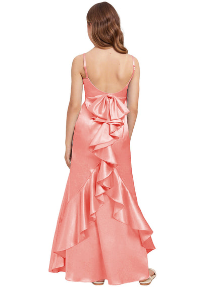 dideyttawl Mermaid Junior Bridesmaid Dress with Slit V-Neck Ruffles Bow Stretch Satin Flower Girl Dress Sleeveless Formal Special Occasion Dress for Wedding 2522